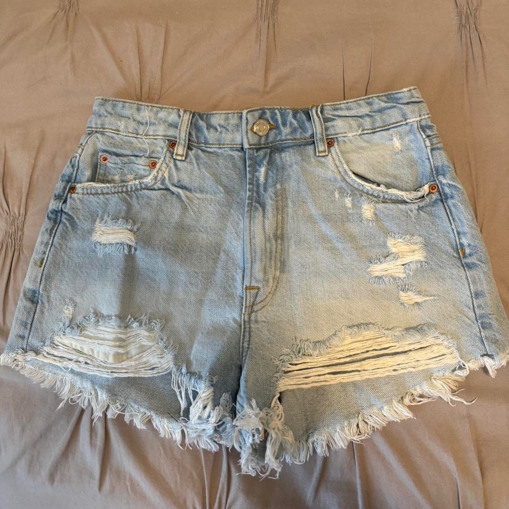 Zara Haigh-Rise Light Blue Distressed Jean Shorts